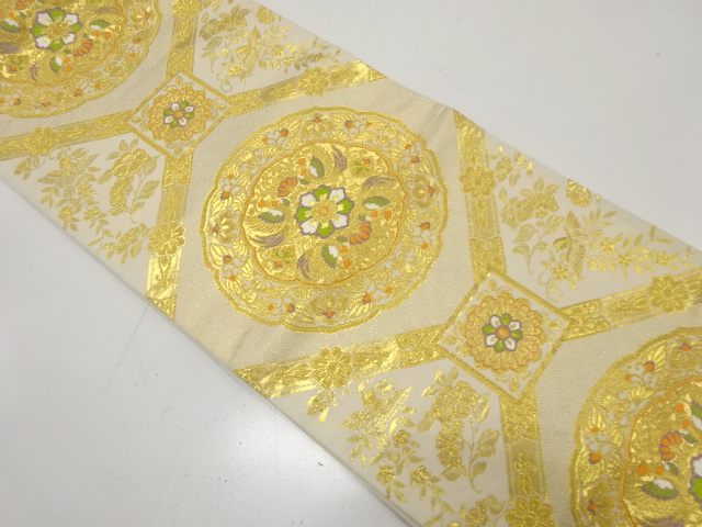 JAPANESE KIMONO / ANTIQUE FUKURO OBI / SILK / WOVEN SHOKKO & FLORAL CREST